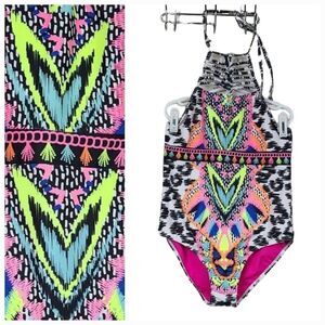 Vigoss Girls One Piece Swimsuit Macrame Halter Neon Swimwear Swim Bathing Suit